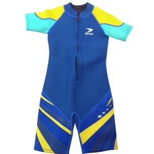 Zeco Kids Short Sleeve Wetsuit Blue Yellow Teal Neoprene Springsuit Size L